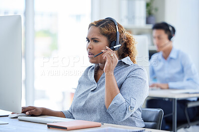 Buy stock photo Stress, call center and consulting with business woman in office for advice, customer service or help desk. Shocked, confused and frustrated with female employee for crisis, problem solving and audit