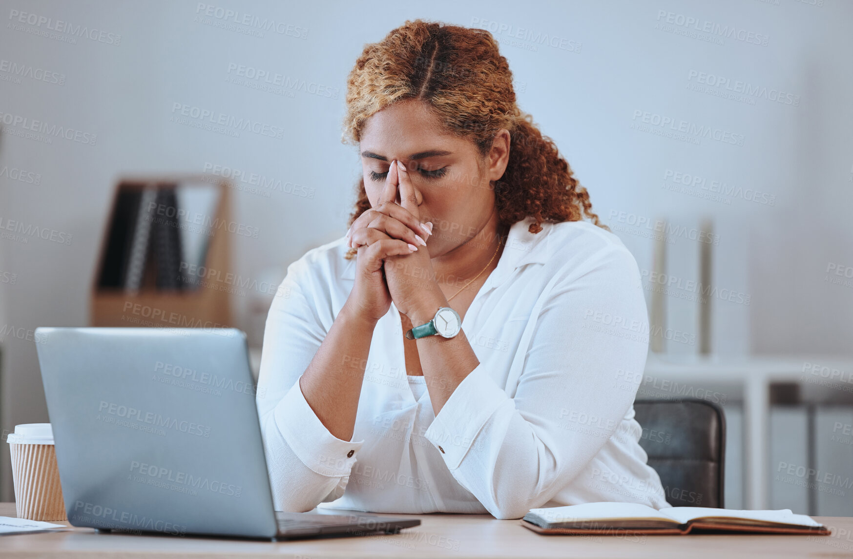 Buy stock photo Stress, error and woman laptop fail, headache and sad in a company office desk working in a business. Frustrated, burnout and young entrepreneur thinking of a risk or problem, tired and mistake