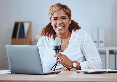 Buy stock photo Microphone, laptop and podcast with portrait of woman for news broadcast, presenter and social media. Radio, blog and communication with influencer in office for audio technology and live streaming