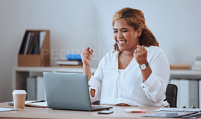 Buy stock photo Success, laptop and happy with business woman in office for winner, news and email. Celebration, technology and achievement with female employee and fist pump for promotion, surprise and discount