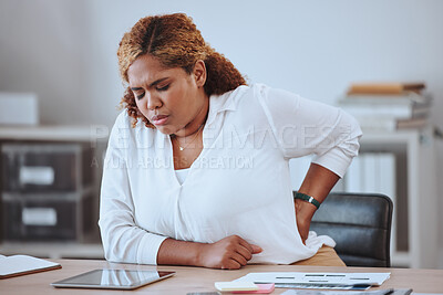 Buy stock photo Back pain, stress and business woman in office for tired, frustrated and fatigue. Emergency, injury and inflammation with female employee and body ache for overworked, exhausted and tension