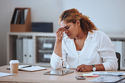 Buy stock photo Headache, stress and woman at desk with crisis, problem and issue or mistake for deadline. Anxiety, frustrated and worried female worker on digital tech with internet, network and connection fail