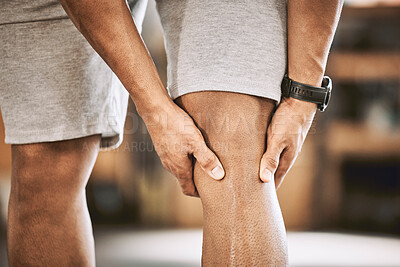 Buy stock photo Fitness, man and hands for knee pain in gym of wrong workout technique, injury recovery exercise and tendinitis. Male person, closeup and muscle ache of strain on leg, training and osteoporosis.