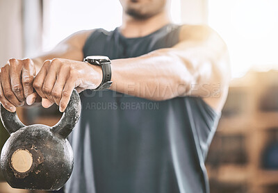 Buy stock photo Fitness, kettlebell workout and arm muscle at gym for weight training, health or exercise at sports center. Bodybuilder, man and strength for cardio, wellness and power lift or development goals