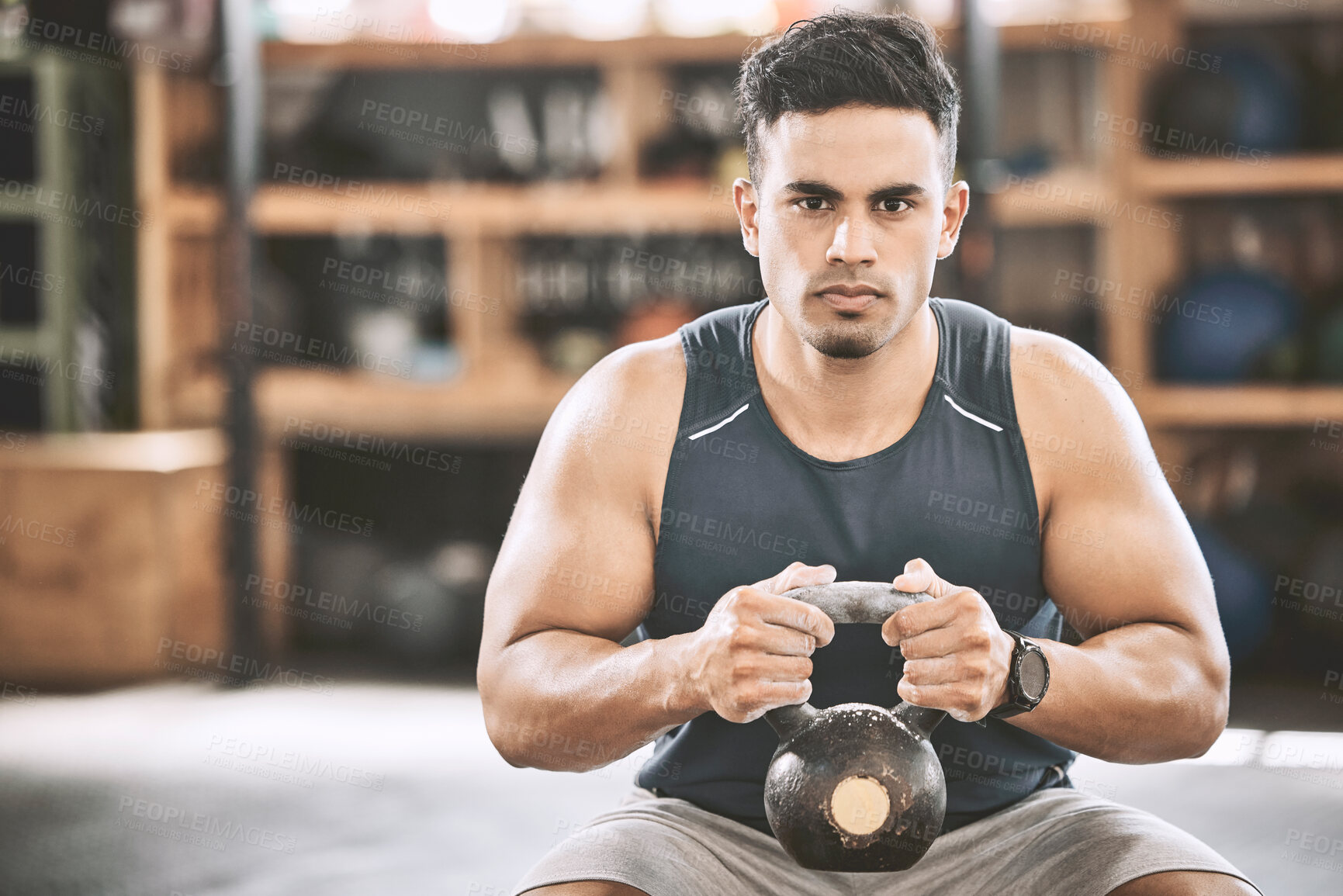 Buy stock photo Fitness, kettlebell workout and portrait at gym for weight training, health or exercise at sports center. Bodybuilder, man and muscle strength for cardio, wellness and power lift or development goals