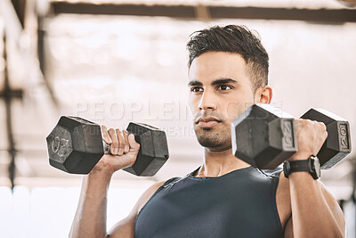 Buy stock photo Exercise, dumbbell workout and man at gym for weight training, health or fitness at sports center. Bodybuilder, arm muscle and strength for cardio, wellness and power lift or development goals