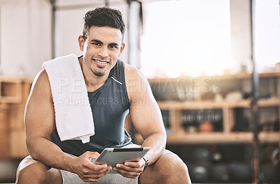 Buy stock photo Fitness, personal trainer or tablet in gym for portrait, exercise or contact with smile. Man, happy or tech in sports club for training schedule app, online tutorial or client information or sign up