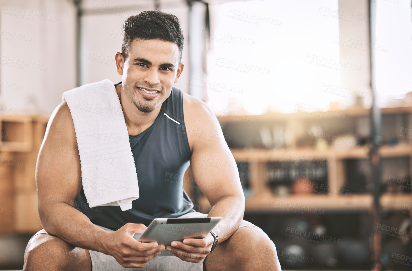 Buy stock photo Fitness, personal trainer or tablet in gym for portrait, exercise or contact with smile. Man, happy or tech in sports club for training schedule app, online tutorial or client information or sign up