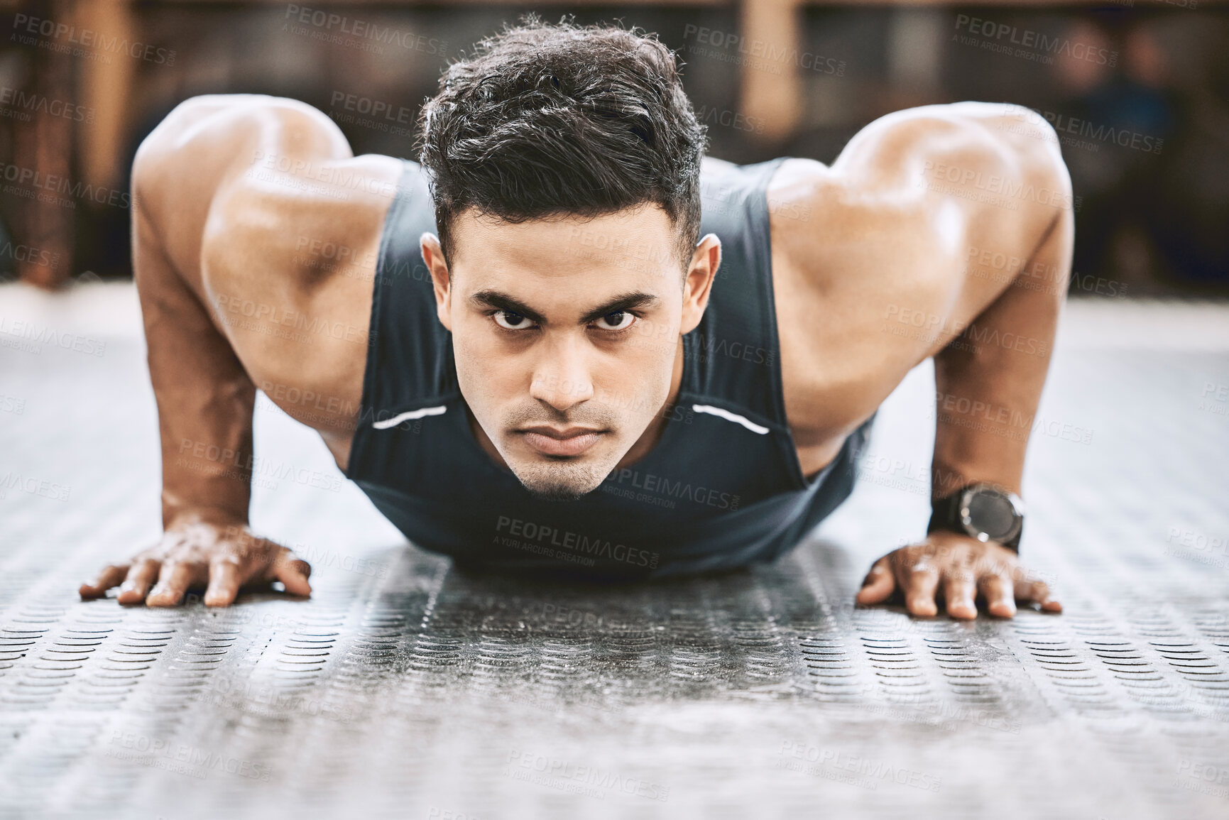 Buy stock photo Portrait, serious and man in gym, push up and training with endurance, challenge and workout. Face, person and bodybuilder in wellness centre, practice and routine for power, fitness and exercise