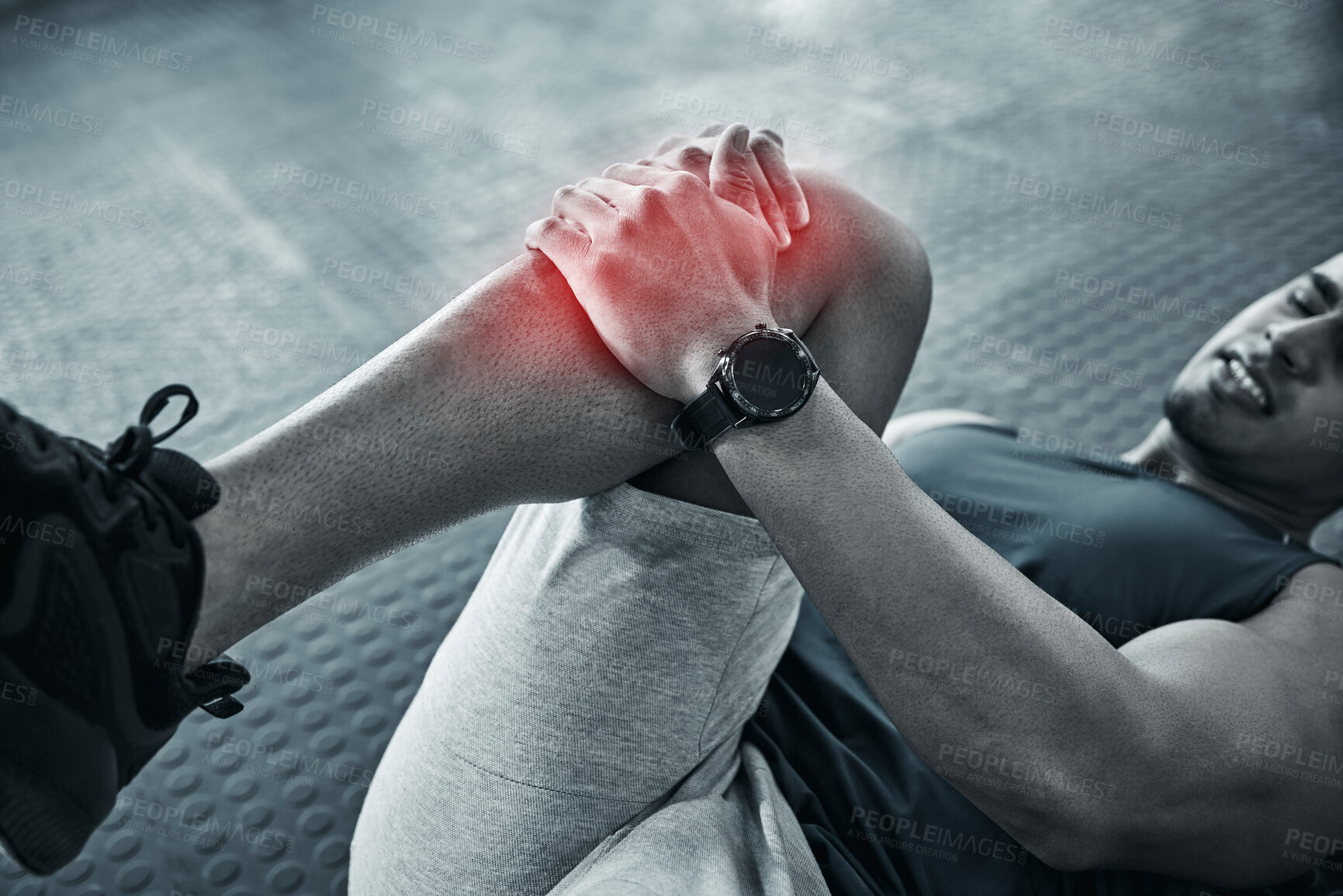 Buy stock photo Exercise, man and hands for knee pain on gym floor of wrong workout technique, injury recovery and tendinitis. Male person, red glow and muscle ache of strain on leg, training and osteoporosis.