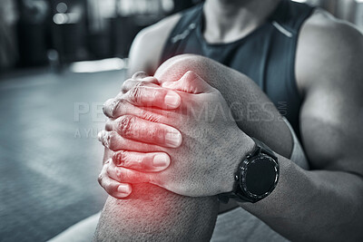 Buy stock photo Fitness, person and hands for knee pain on gym floor of wrong workout technique, injury recovery exercise and tendinitis. Man, red glow and muscle ache of strain on leg, training and osteoporosis.