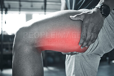 Buy stock photo Person, hands and thigh pain from fitness injury with overlay, exercise accident and hamstring risk of tendinitis. Athlete, legs and red glow for performance fail, muscle problem and sports emergency