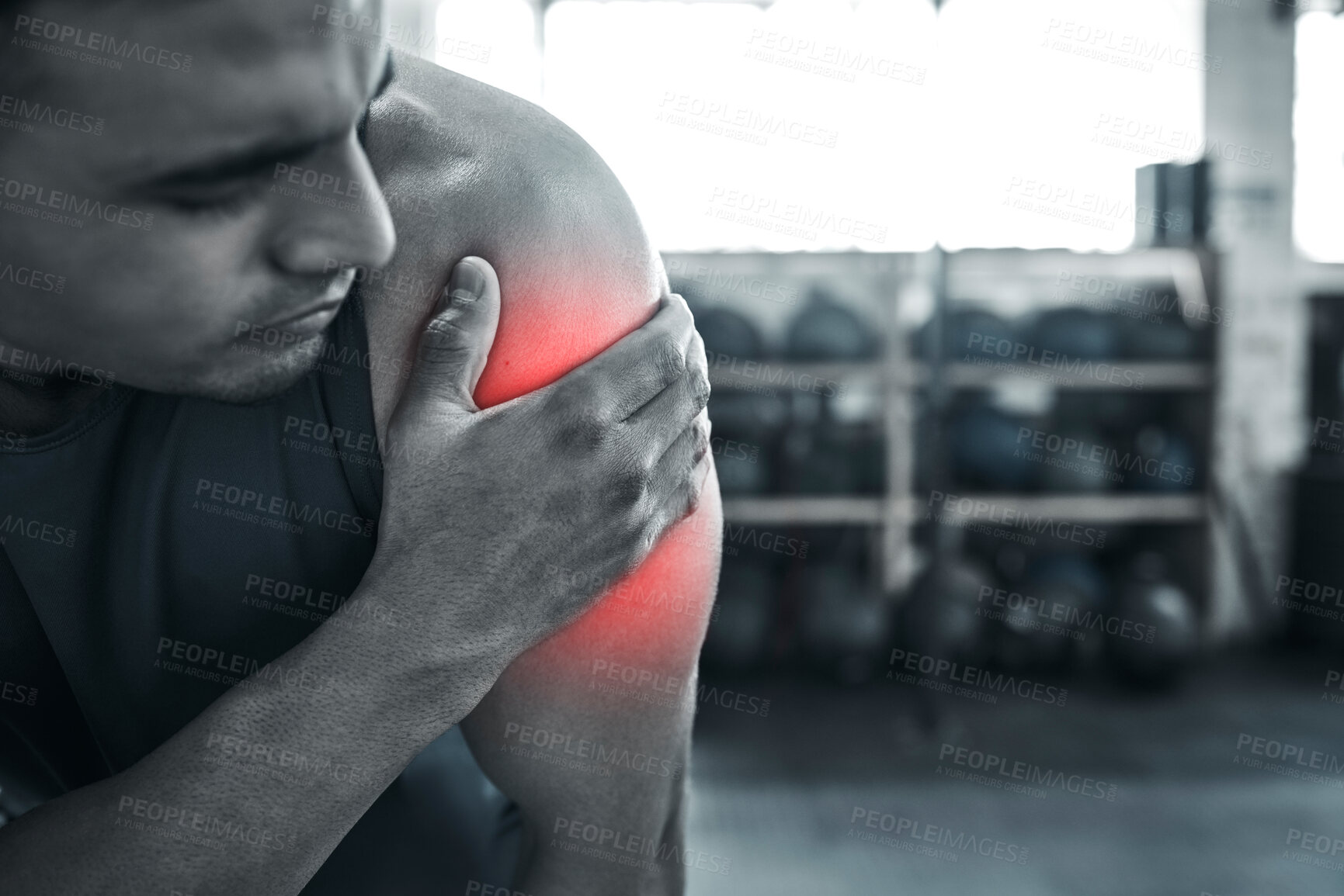 Buy stock photo Man, fitness and arm pain with red glow at gym with muscle tension or strain on weightlifting. Male person, workout and exercise with ache, injury and inflammation on training and warm up for health