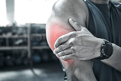 Buy stock photo Man, fitness and red glow for arm injury at gym with muscle tension and strain on weightlifting. Male person, workout and exercise with ache, pain and inflammation on training and warm up for health