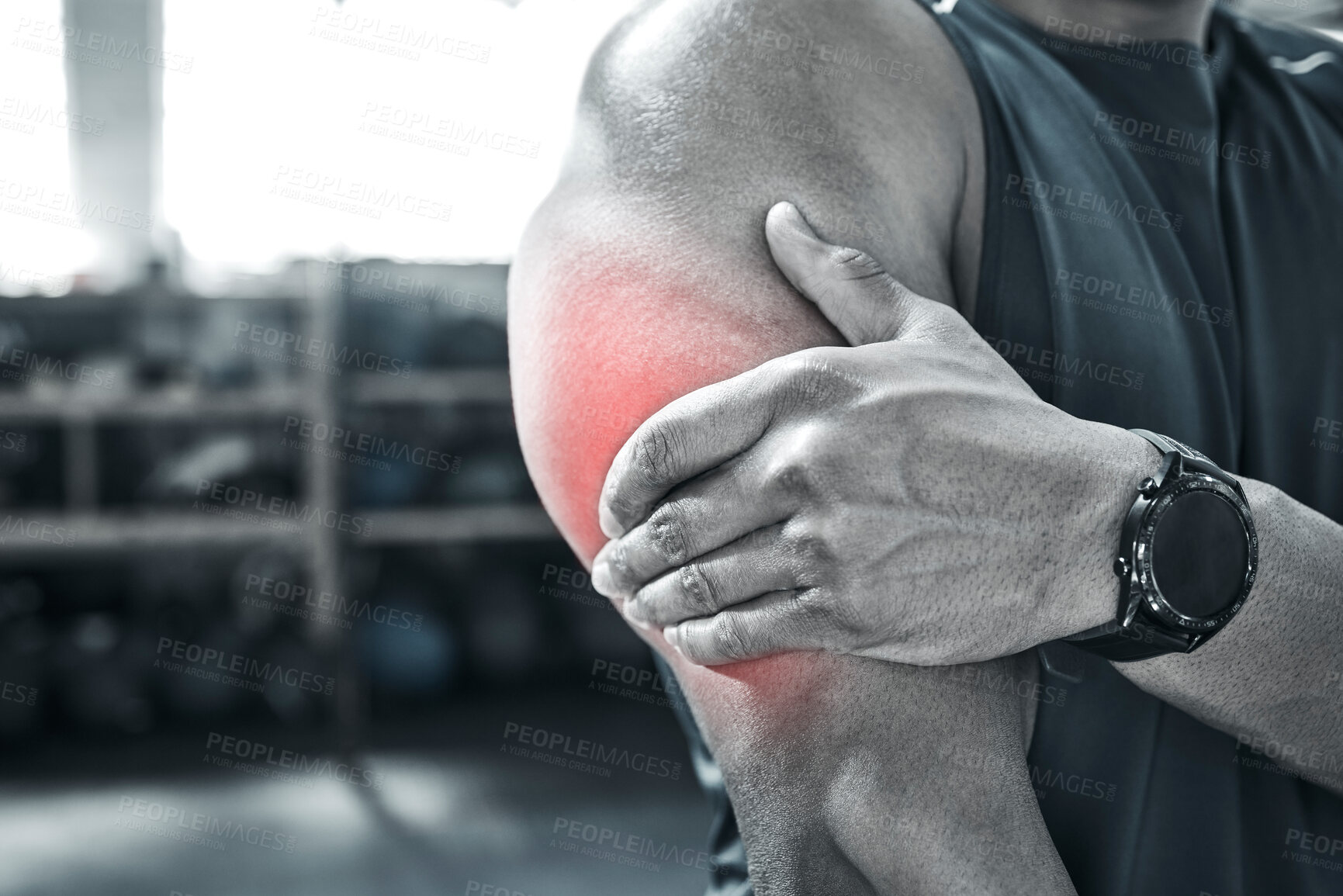 Buy stock photo Man, fitness and red glow for arm injury at gym with muscle tension and strain on weightlifting. Male person, workout and exercise with ache, pain and inflammation on training and warm up for health