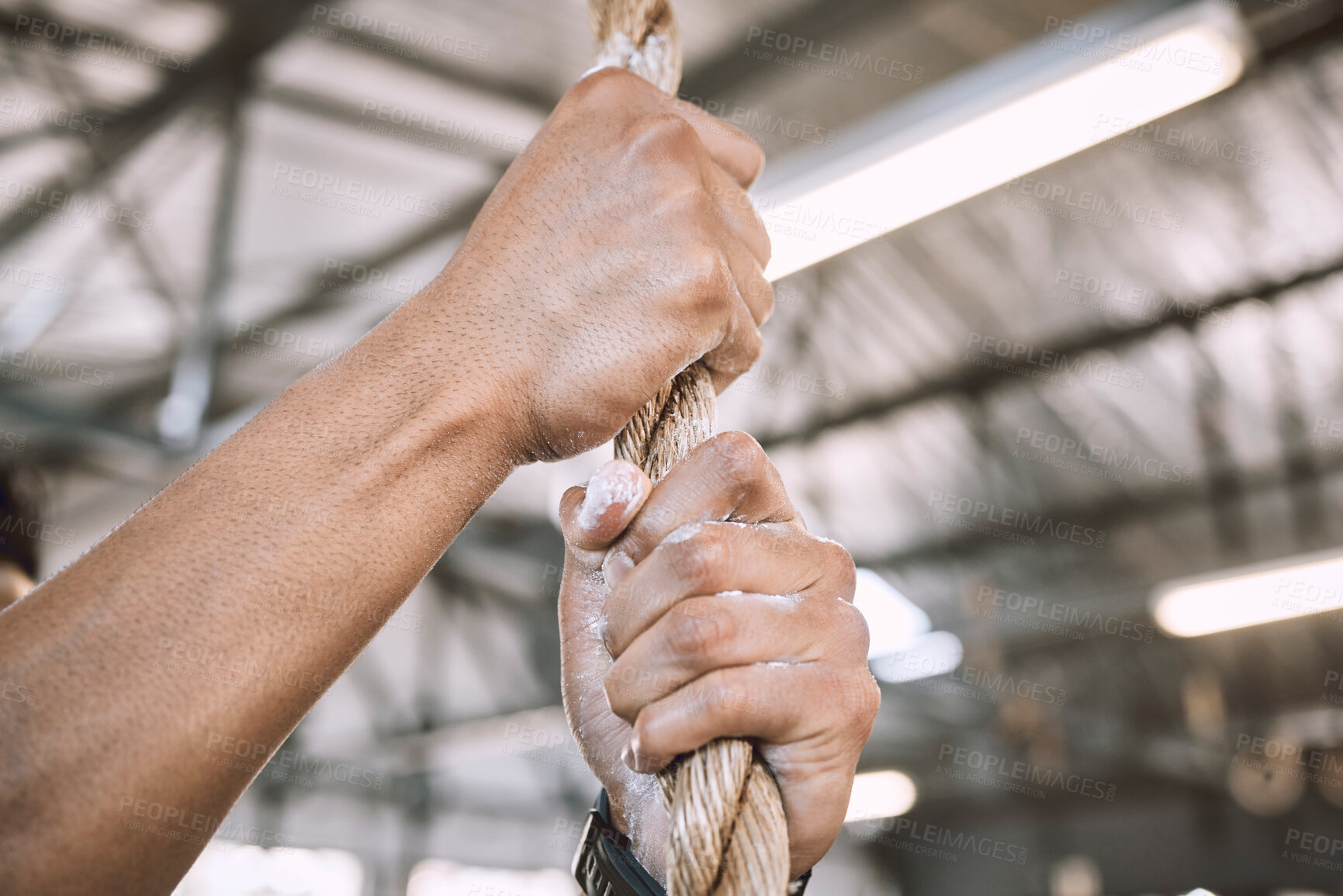 Buy stock photo Hands, fitness and climbing rope in gym for exercise, training or healthy workout for power closeup. Powder, fingers and person hanging for strong muscle, pull up or sport to prepare for competition