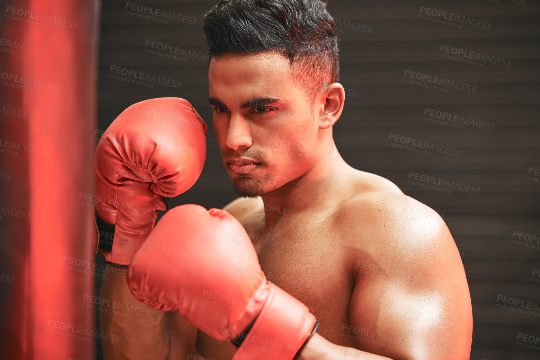 Buy stock photo Sports, man and punching bag in gym for boxing, agility training and preparing for mma tournament or match. Male boxer, gloves and serious with equipment for practice technique, endurance and combat.