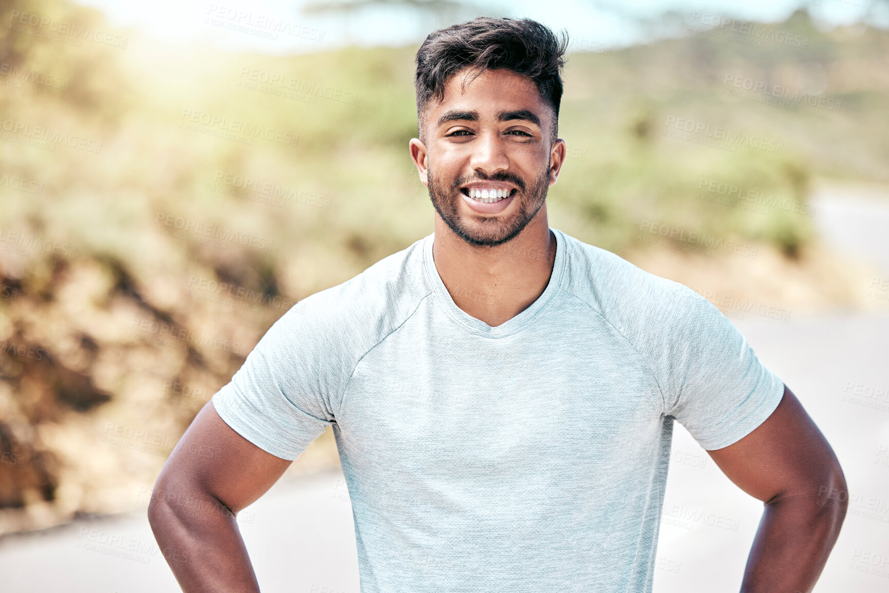 Buy stock photo Portrait, happy and man with smile, fitness and proud of muscle, outdoor and runner in nature for exercise. Confident, sporty and wellness of athlete with workout, bokeh or training of healthy person