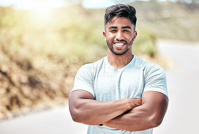 Buy stock photo Portrait, arms crossed and man with smile, fitness and proud of muscle, outdoor and runner in nature for exercise. Confident, sporty and wellness of athlete with workout, bokeh and training of person