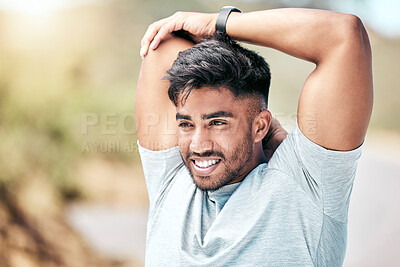 Buy stock photo Stretching, happy and man with smile, fitness and proud of muscle, outdoor and runner in nature for exercise. Confident, sporty and wellness of athlete with workout, physical and training of person