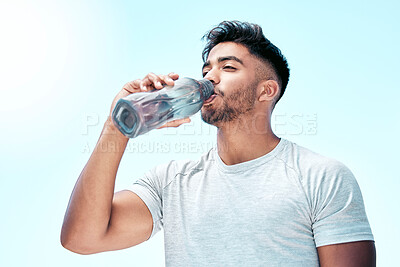 Buy stock photo Drinking water, happy and man with fitness, thirsty and proud of muscle, outdoor and exercise for runner. Confident, sporty and wellness with hydration, break and training of person with bottle