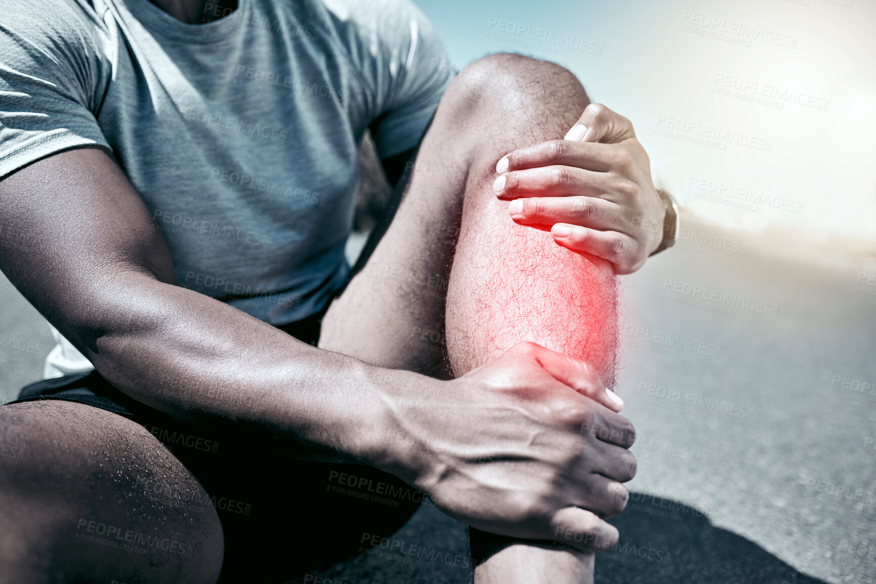 Buy stock photo Leg pain, hands and person with injury on road after training accident or exercise risk closeup. Arthritis, fitness and runner with joint inflammation, broken bone and problem with red glow outdoor