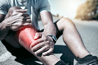 Buy stock photo Leg pain, hands and person with injury outdoor after training accident or exercise risk closeup. Arthritis, fitness and runner with joint inflammation, bone problem or massage with red glow on road