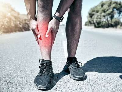 Buy stock photo Leg pain, hands and person with injury on road after training accident, workout or exercise with health problem. Arthritis, fitness and runner with muscle inflammation, broken bone or massage outdoor