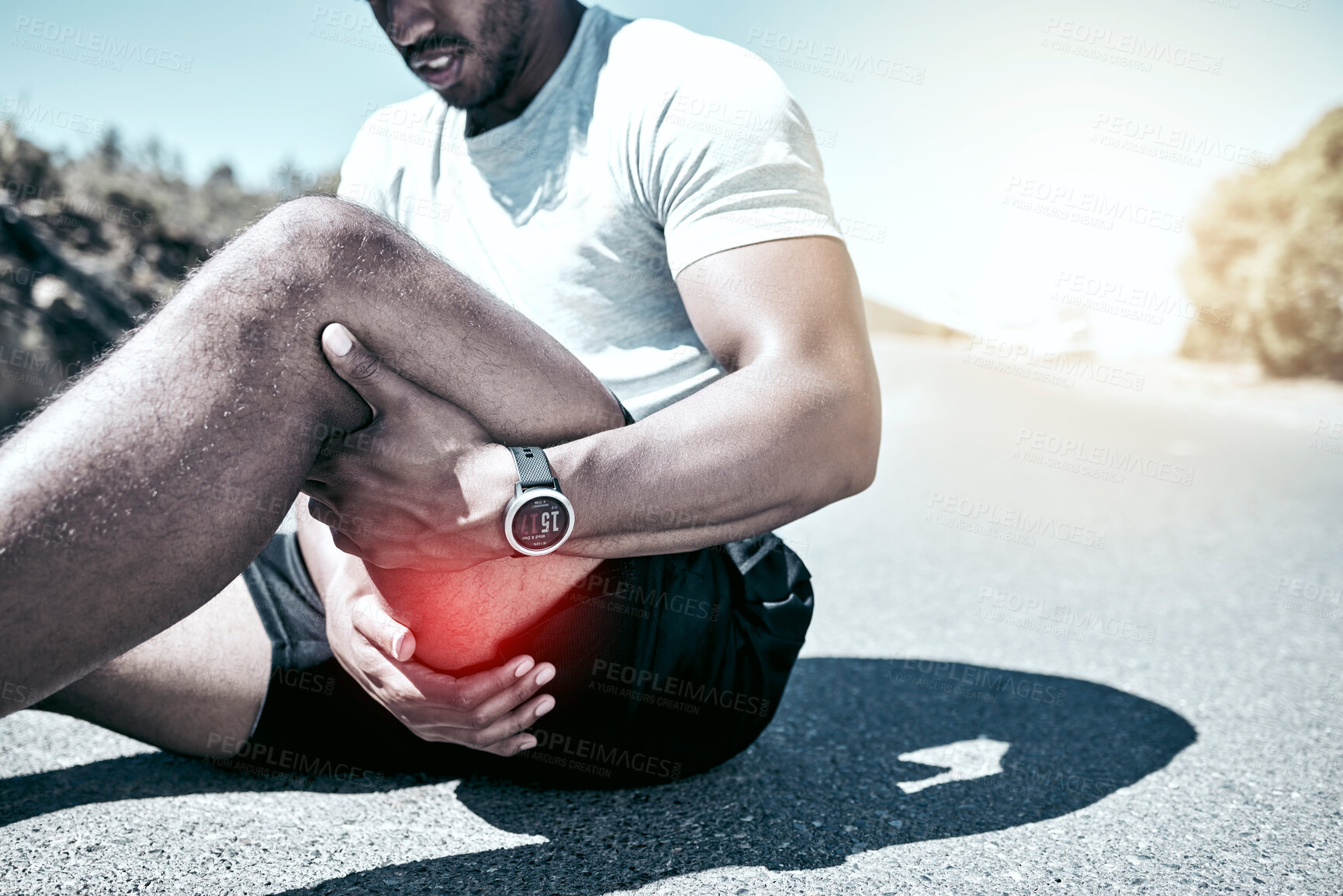 Buy stock photo Hamstring pain, hands and person with injury on road after training accident, cramp or exercise risk. Legs, fitness and runner with muscle inflammation, thigh massage or problem with red glow outdoor