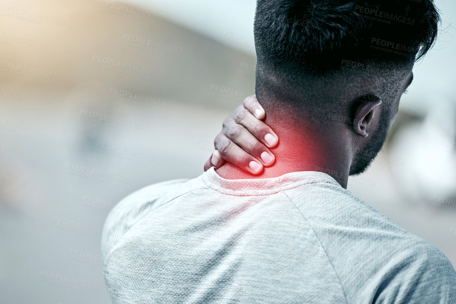 Buy stock photo Neck pain, fitness and man with injury outdoor after training accident, workout and fibromyalgia. Arthritis, spine and runner with joint inflammation, muscle problem and hand massage with red glow