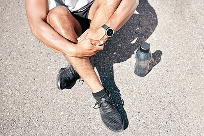 Buy stock photo Man, fitness and shoes with water above on road for running, exercise or outdoor workout. Top view of male person, athlete or runner on break, asphalt or street with sneakers and bottle for training