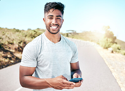 Buy stock photo Portrait, cellphone and man with smile, fitness and proud of muscle, outdoor and chat of runner on road. Confident, sporty and wellness of athlete with workout, mobile and texting of healthy person