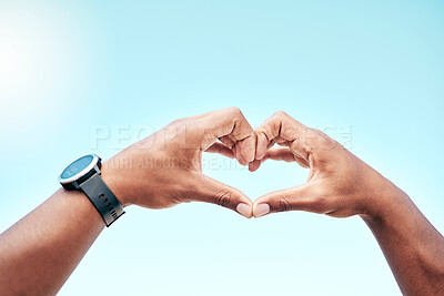 Buy stock photo Person, fitness and heart hands with blue sky for love, support or review on health and wellness in nature. Closeup of athlete with shape, emoji or sign for like, feedback or exercise on mockup space