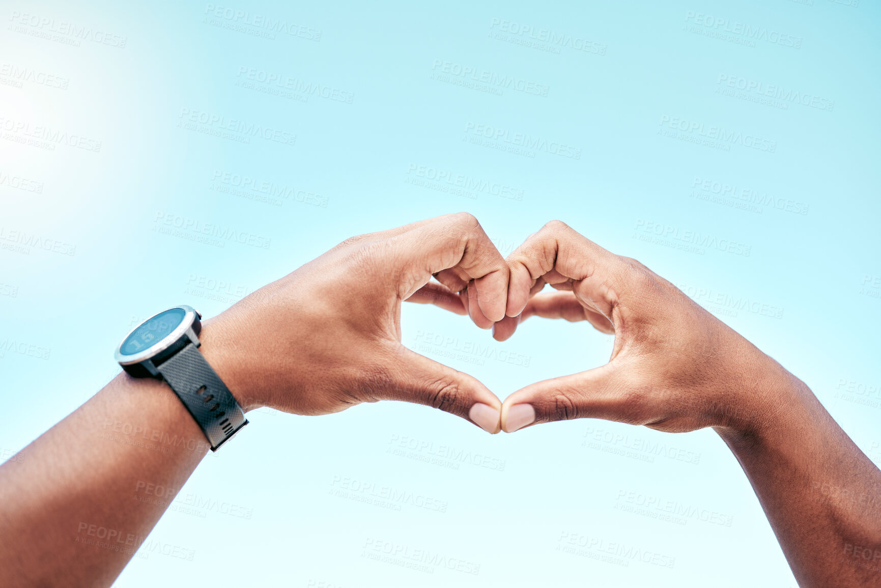 Buy stock photo Person, fitness and heart hands with blue sky for love, support or review on health and wellness in nature. Closeup of athlete with shape, emoji or sign for like, feedback or exercise on mockup space