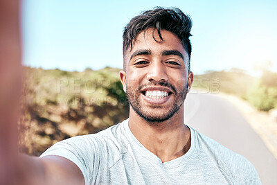 Buy stock photo Portrait, selfie and man with smile, fitness and proud of muscle, outdoor or runner in nature for exercise. Confident, sporty and wellness of athlete with workout, bokeh or training of healthy person