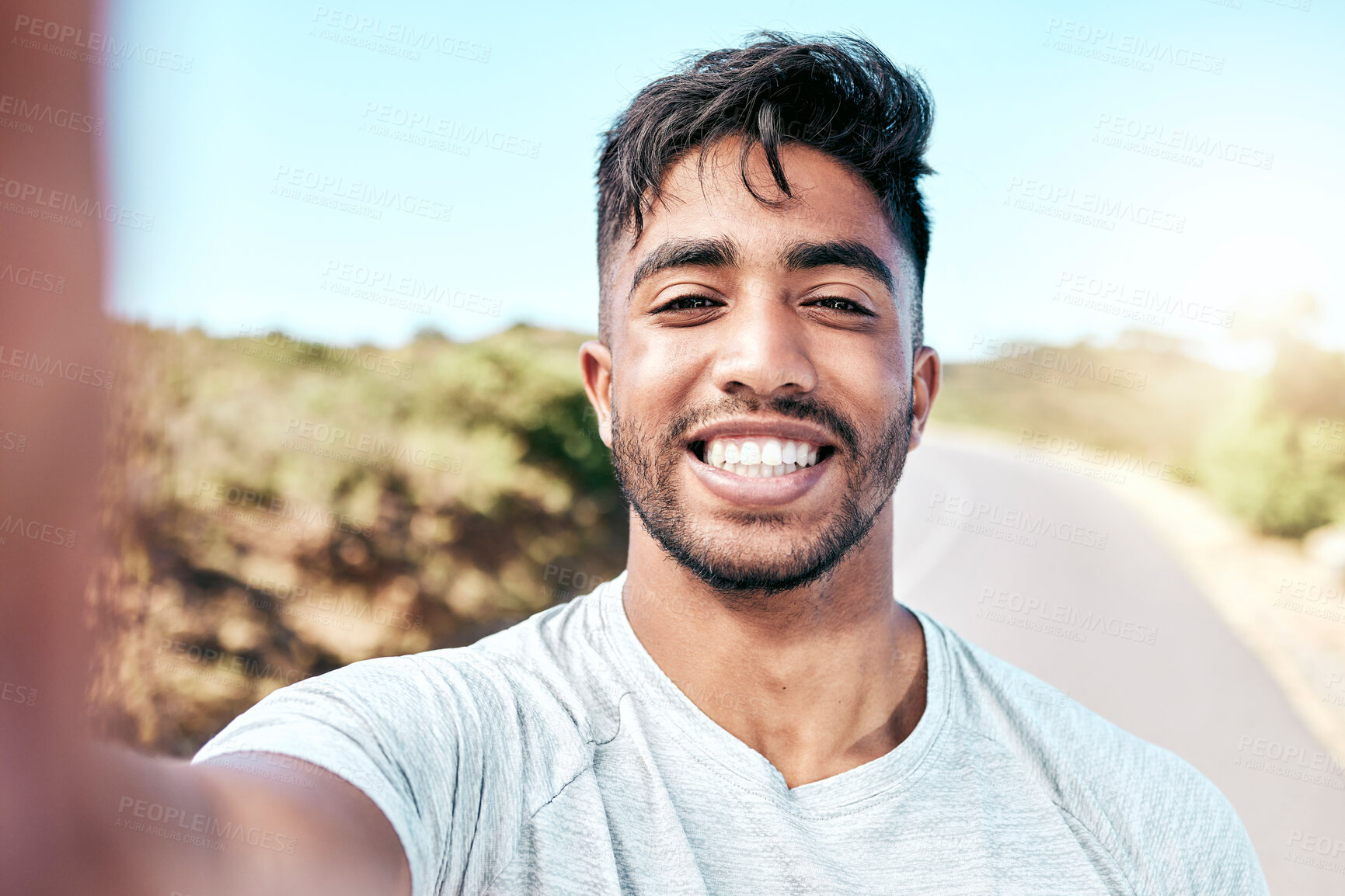 Buy stock photo Portrait, selfie and man with smile, fitness and proud of muscle, outdoor or runner in nature for exercise. Confident, sporty and wellness of athlete with workout, bokeh or training of healthy person