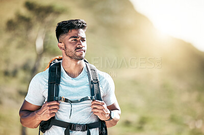 Buy stock photo Man, hike and thinking for adventure with backpack for fitness, workout and hobby in countryside of Brazil. Male person, explore and outdoor activity in nature for health and wellness for survival