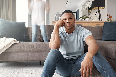 Buy stock photo Burnout, portrait of exhausted father and child on sofa in living room of home for adhd or autism. Energy, noise or stress and unhappy single parent on floor with hyperactive kid in apartment 