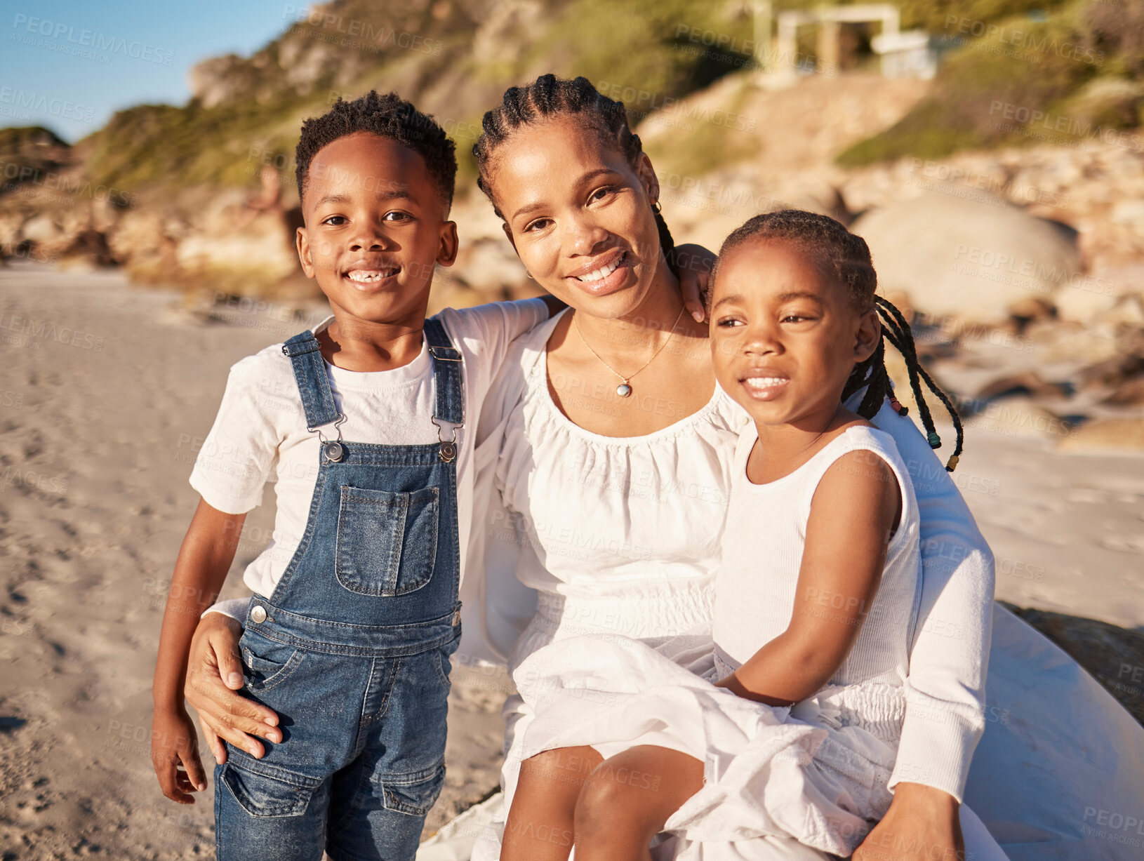 Buy stock photo Portrait, beach and mother with kids, hug and happiness with love, vacation and summer holiday. Face, family and single parent with children, seaside and embrace with journey, adventure and travel