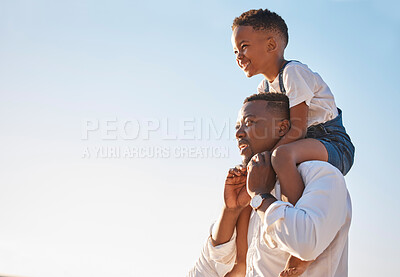 Buy stock photo Father, boy and carrying outdoor for bonding, travel and vacation with support, care and sunshine. Dad, son and shoulder ride for relationship, adventure and holiday with blue sky, happiness and fun