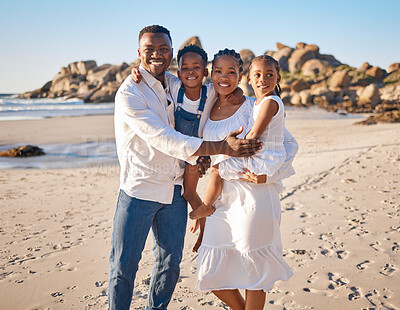 Buy stock photo Black family, portrait and happy with children at beach for weekend trip, holiday and adventure. Smile, mother and father with kids by ocean for summer vacation, love and outdoor travel in Mauritius