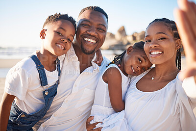 Buy stock photo Family, portrait and selfie at beach for bonding, travel and vacation with support, care and carrying. Parents, children and happy for relationship, adventure and holiday with blue sky, memory or fun