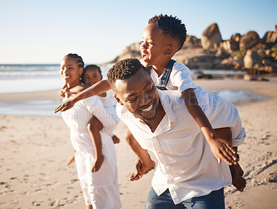 Buy stock photo Piggyback, playing and black family at beach for fun on tropical vacation, travel or getaway. Smile, bonding and African children with parents by ocean or sea on holiday, adventure or weekend trip.