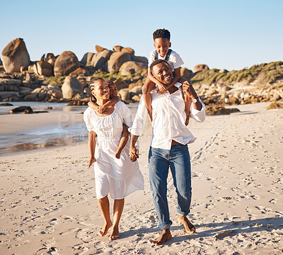 Buy stock photo Shoulder carry, holiday and black family at beach for fun on tropical vacation, travel or getaway. Piggyback, bonding and happy African children play with parents by sea on adventure or weekend trip