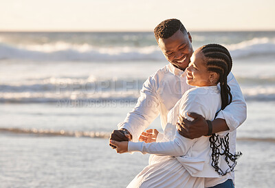 Buy stock photo Dance, relax and black couple on beach for holiday, fun and outdoor adventure in tropical nature together. Travel, man and woman embrace on island vacation with ocean, smile and love on happy weekend