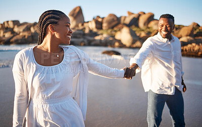 Buy stock photo Beach, walk and black couple holding hands on holiday with romance, smile and outdoor adventure together. Travel, man and woman on tropical island vacation with ocean, care and love on happy weekend