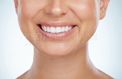 Buy stock photo Woman, mouth and smile in studio for dental care with hygiene and teeth whitening for gum health. Female person, happy and satisfied with oral treatment or canal procedure on white background