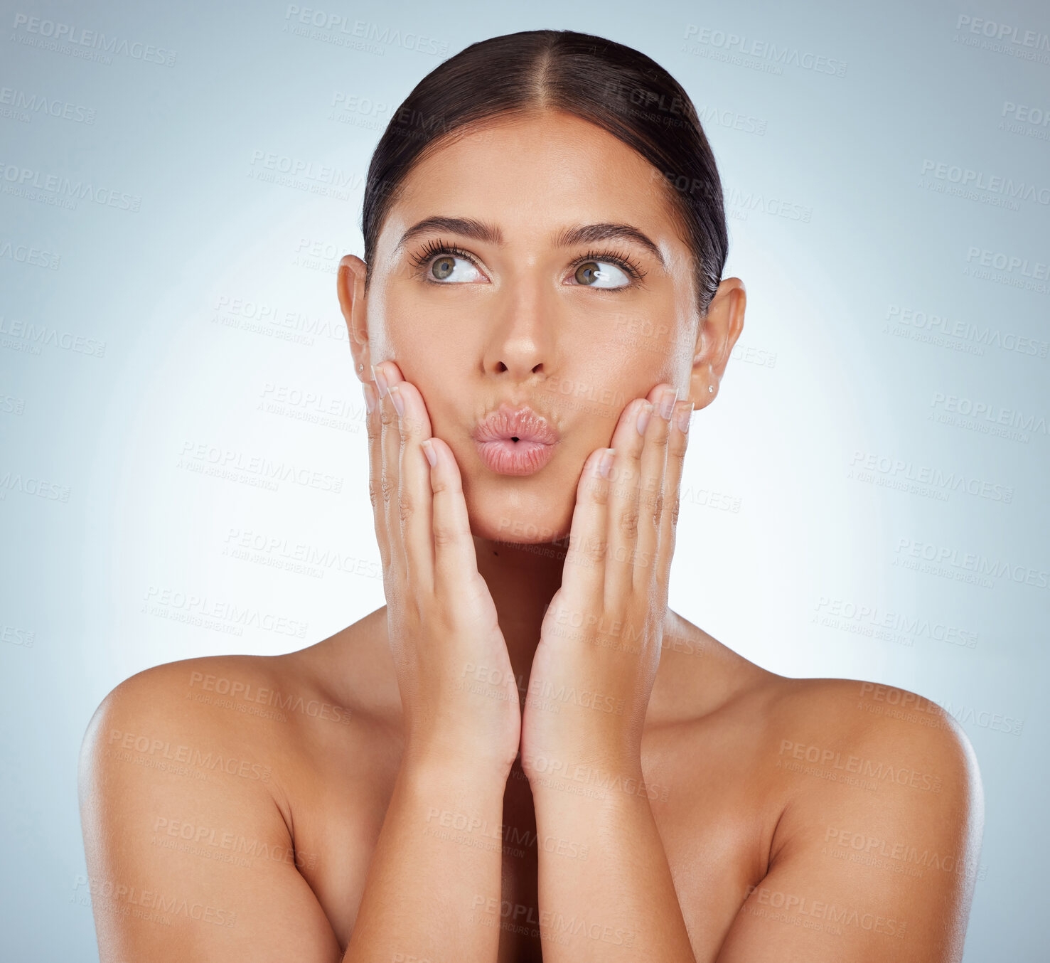 Buy stock photo Woman, thinking and skincare in studio with pout, wellness or silly expression. Female person, hands on face and dermatology on white background for clear skin, natural cosmetics or lashes for beauty