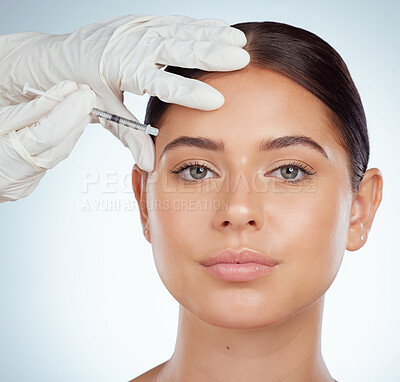 Buy stock photo Woman, hands and injection for facelift in studio on white background on portrait and confident. Female person, needle and anti aging of fillers as treatment for skincare and beauty with aesthetics