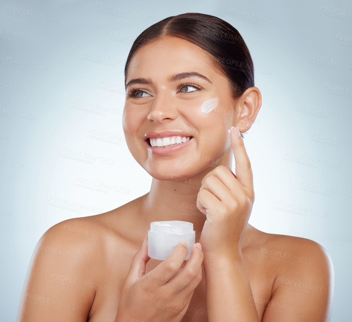 Buy stock photo Woman, happy and cream jar for skincare in studio on grey background with routine, ingredients and satisfied for results. Body natural and Smile in confidence with facial treatment and skin lotion